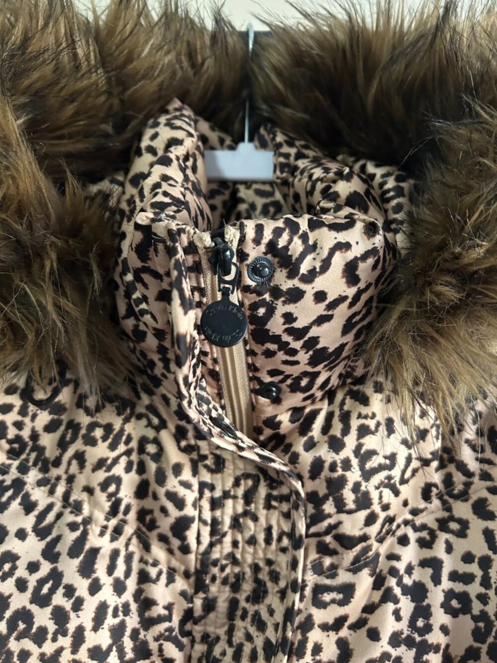 Calvin Klein Leopard Print Puffer Coat Faux Fur Hood Women’s L - Picture 3 of 7